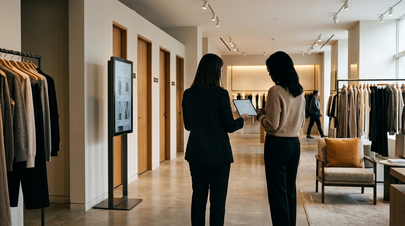 Modern giyim mağazasında kabinler yanında konumlandırılmış Prosoft AI VTO Kiosk ve danışman tableti kullanan personel