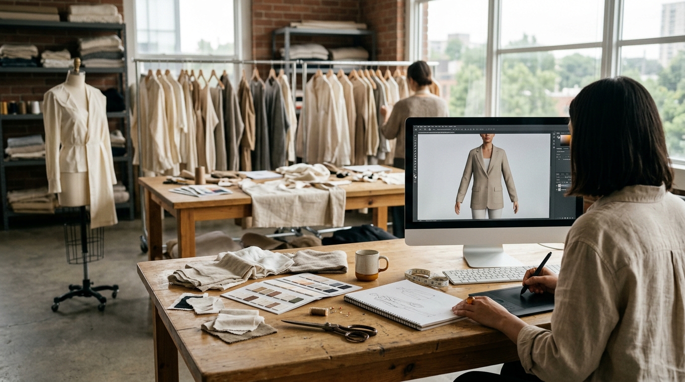 Moda tasarım stüdyosunda kumaş kartelaları, çalışma masaları ve ekranlarda koleksiyon planlama modelleri