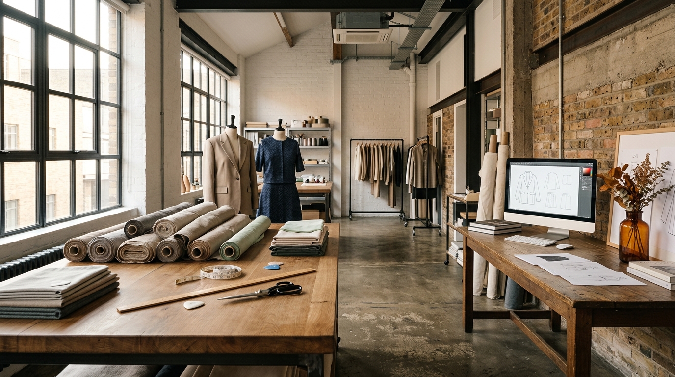 Modern tekstil tasarım stüdyosu, mankenler, kumaş numuneleri ve dijital koleksiyon çalışma alanı
